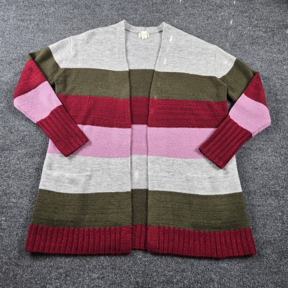 Caslon Striped Open Front Cardigan Women Medium Pink Green Gray Wool Sweater